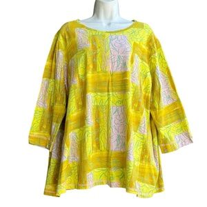 LOGO by Lori Goldstein Floral 3/4 Sleeve Tee Top Women's Plus 1X Yellow Blouse